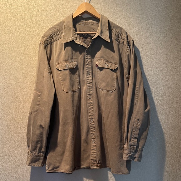 Vintage Levis Denim Shirt Mens Beige Button Down Red Tab Workwear top - Picture 1 of 5